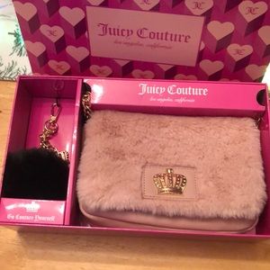Juicy Couture Dusty Blush Faux Fur Flap Crossbody & Black Faux Fur Keychain NWT